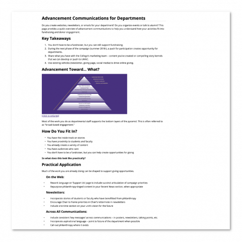 Screenshot of page on Advancement Communications for Departments