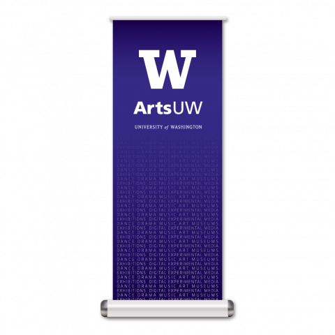 33”w x 86”h Retractable Banner with white block W and ArtsUW branding over a purple background. 