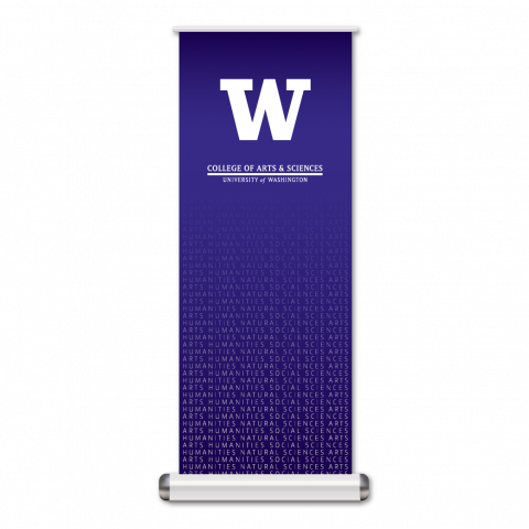 33”w x 86”h Retractable Banner with white block W and College of Arts & Sciences branding over a purple background. 