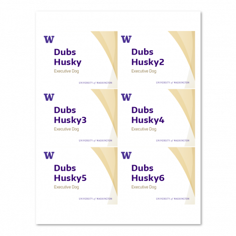 a 3 by 4 name tag template thumbnail showing three rows and two columns on an 8.5 x 11 page of UW College of Arts & Sciences branded name tags with gold curves background