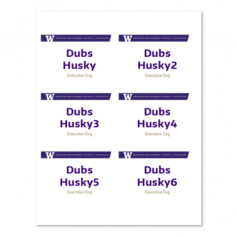 a 3" by 4" name tag template thumbnail showing three rows and two columns on an 8.5 x 11 page of UW College of Arts & Sciences branded name tags with a purple boundless angle