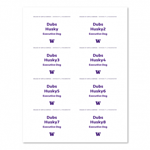 a 2 1/3" by 3 3/8" name tag template thumbnail showing four rows and two columns of UW College of Arts & Sciences branded name tags on an 8.5 x 11 page