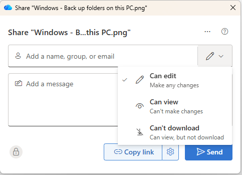 OneDrive sharing dialog showing three permission options: "Can edit" (make any changes), "Can view" (can't make changes), and "Can't download" (can view, but not download)