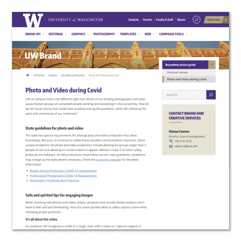 Screenshot of UW's webpage with guidance on producing photo and video during the Covid-19 Pandemic