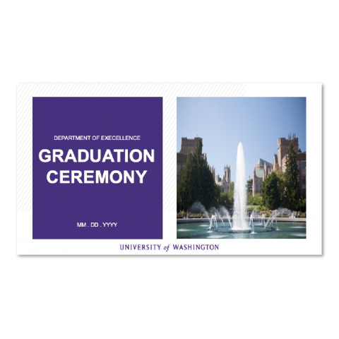 Title slide of PowerPoint for graduation with date and image of Drumheller Fountain with a diagonal line pattern background